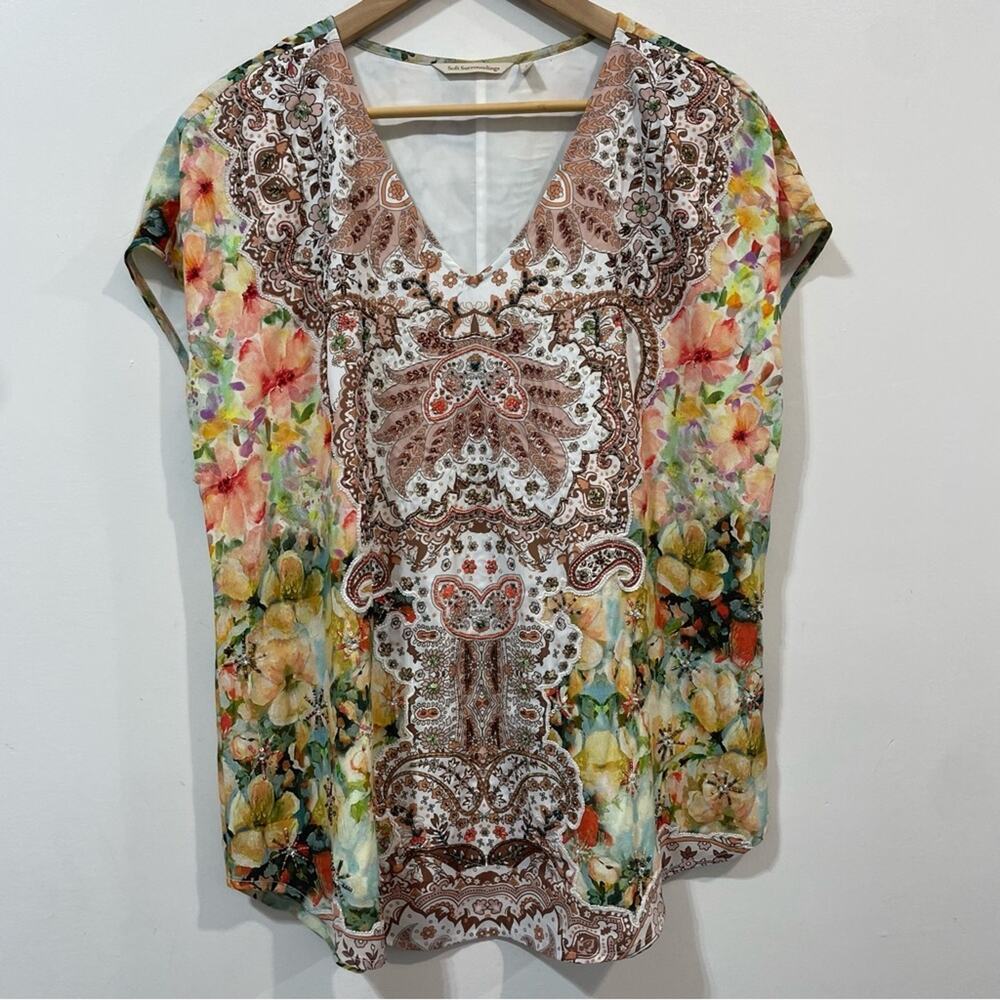 Soft Surroundings Patria Tunic Blouse L Floral Sequin Beaded Embellished Boho